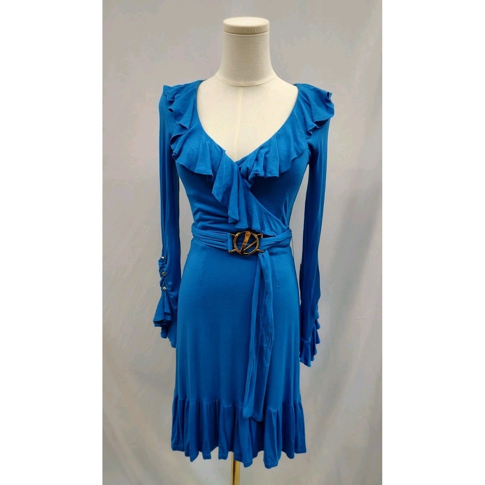 Y2K Vintage Cache Wrap Dress Blue Full Skirt Long Sleeve Ruffle Trim Gold Belt 2